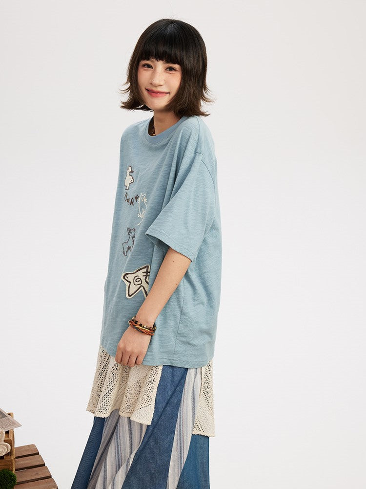 Animal Embroidery with Kawaii T-shirt Patch Decoration Blue Light