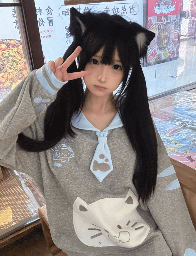 with Aesthetic Collar Girl Blue Soft Sweatshirt Cat-Ear Gray Embroidery Sailor Angel Kitten