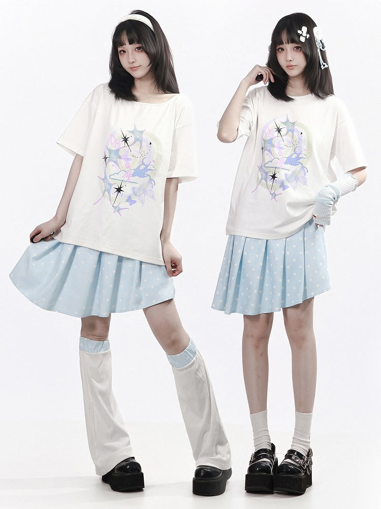 White Wide Round Neck Short Sleeve T-Shirt with Nebula Print - PINK SAVIOR