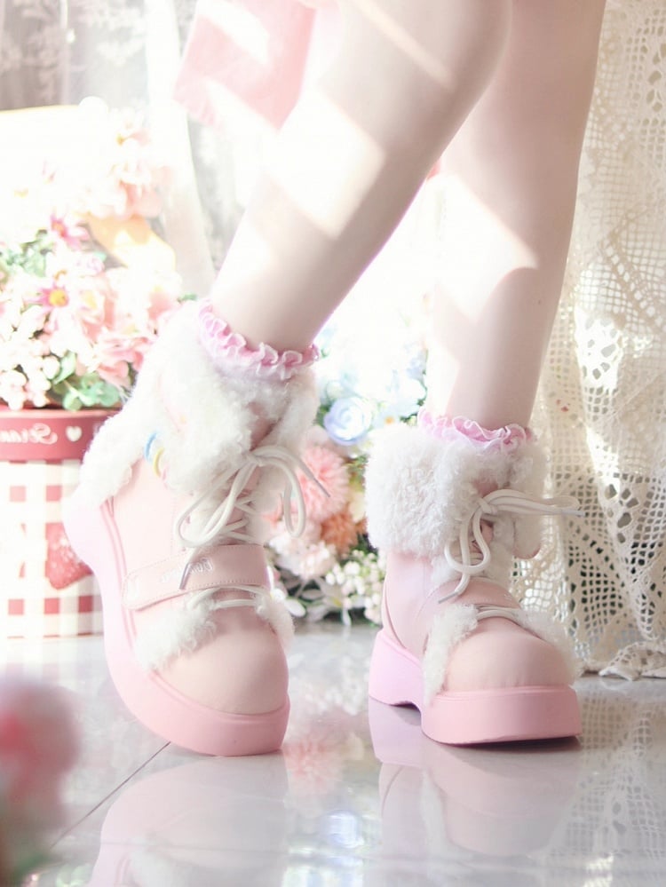 Boots - Bunny Ears Velcro Dual Sweet Lolita Lace Pink Platform Ankle with Plush Design