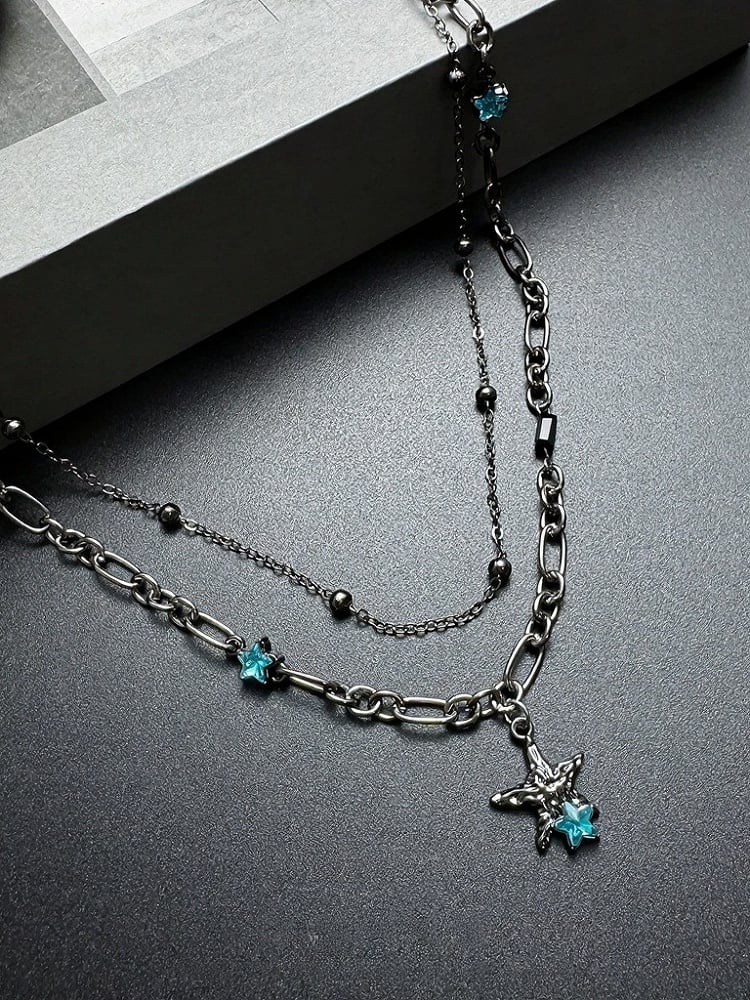 Sapphire Rhinestone Star Bead Chain Necklace - YSHXS