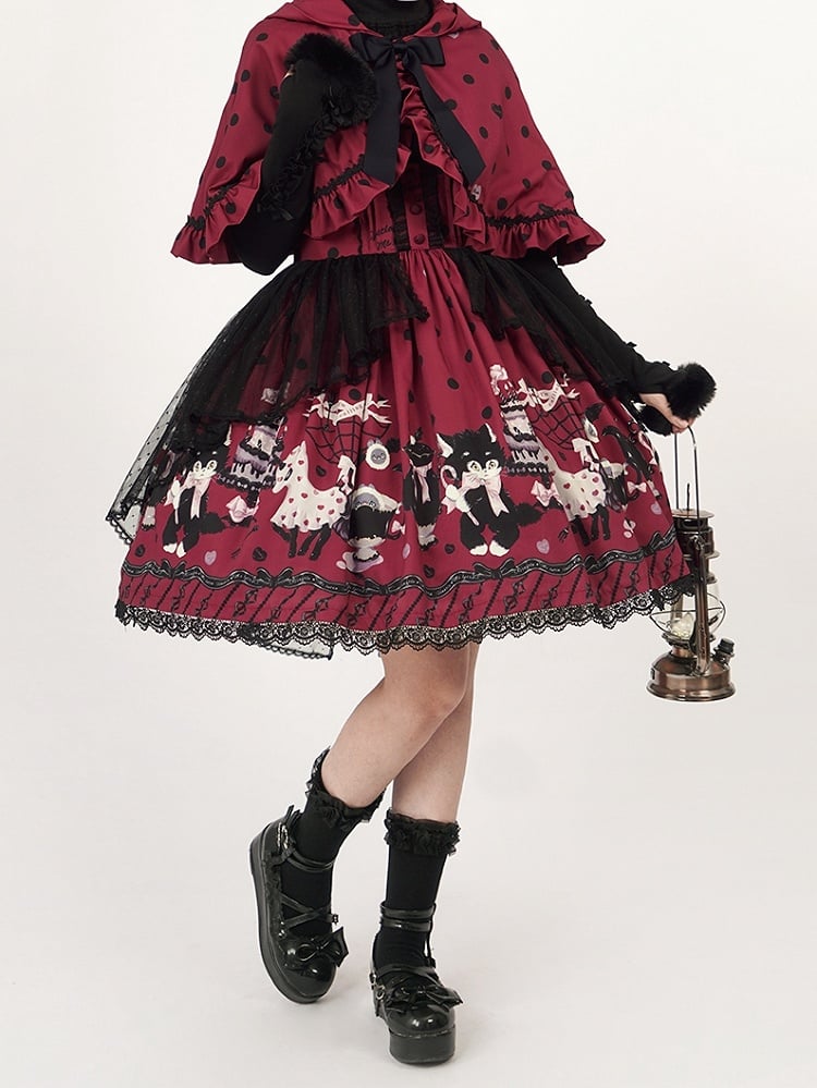 Lolita Cat Hooded with Dot Red Polka Ears Cape