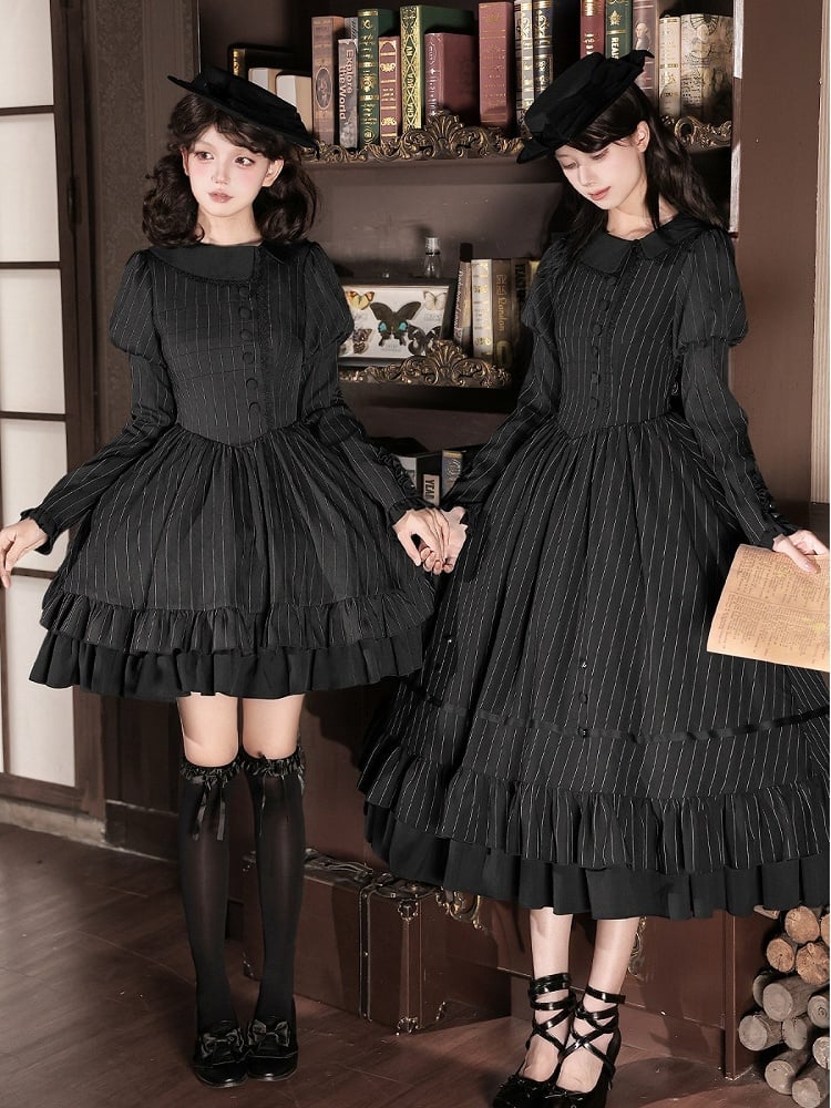 Black Striped Long Sleeve Short Lolita OP Dress with Mini Hat & 2-Way Bow Brooch Set - With PUJI
