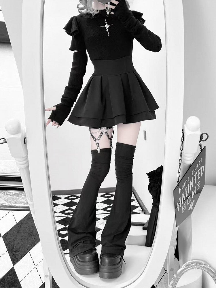 Knit Top with Snake Embroidery Mock Neck Gothic Flutter and Sleeves Black