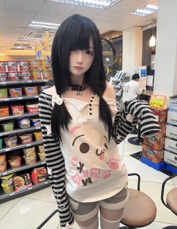Asymmetric Striped White Partial Heart Buttons Sleeves Top: Neckline Shaped Starry Alt-Kawaii
