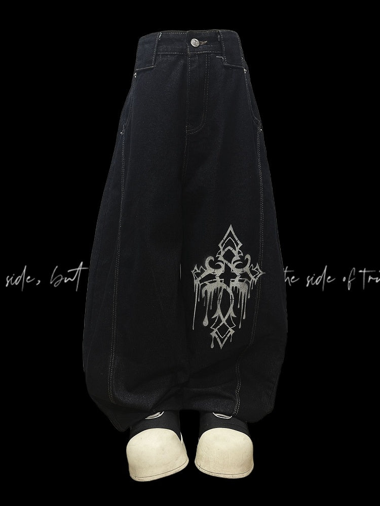 ダークブルーのクロスプリント ルーズワイドレッグジーンズ