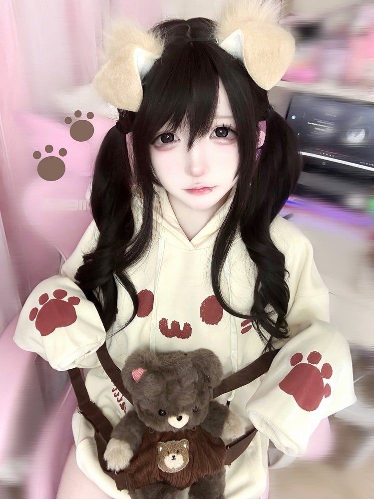 Hoodie Front Pouch with Themed Print Cat Pocket Off-white