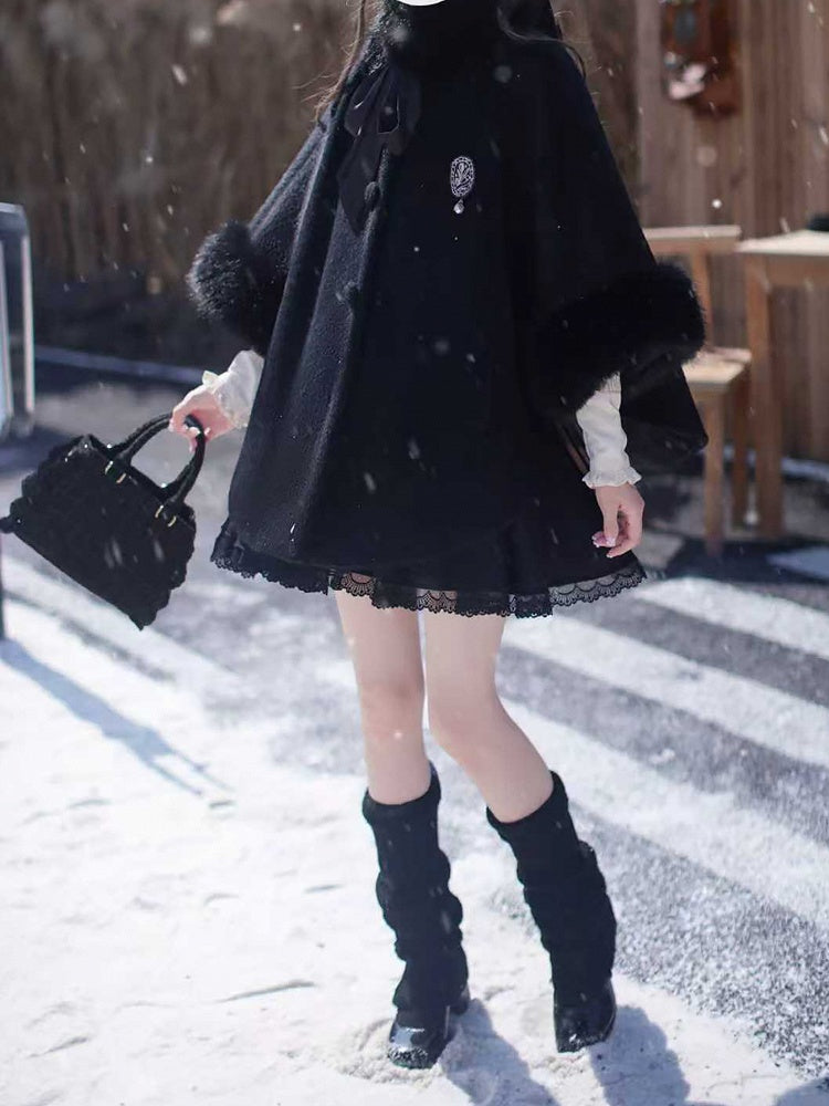 Black Cape Cuffs Jirai Plush Cozy Winter Coat - Kei with Fall Essential A Collar