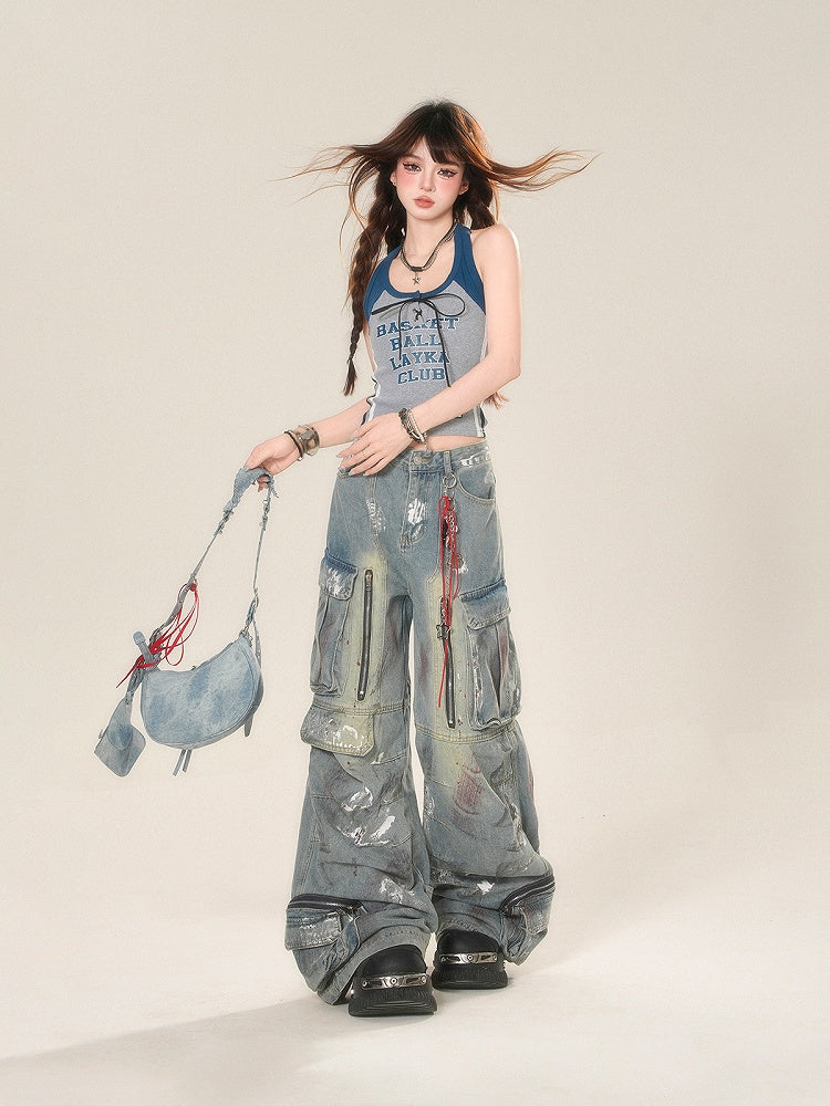 and Blue Gray Cropped Lace-up Glamorous Top Front Letter Neck Halter Tank Print