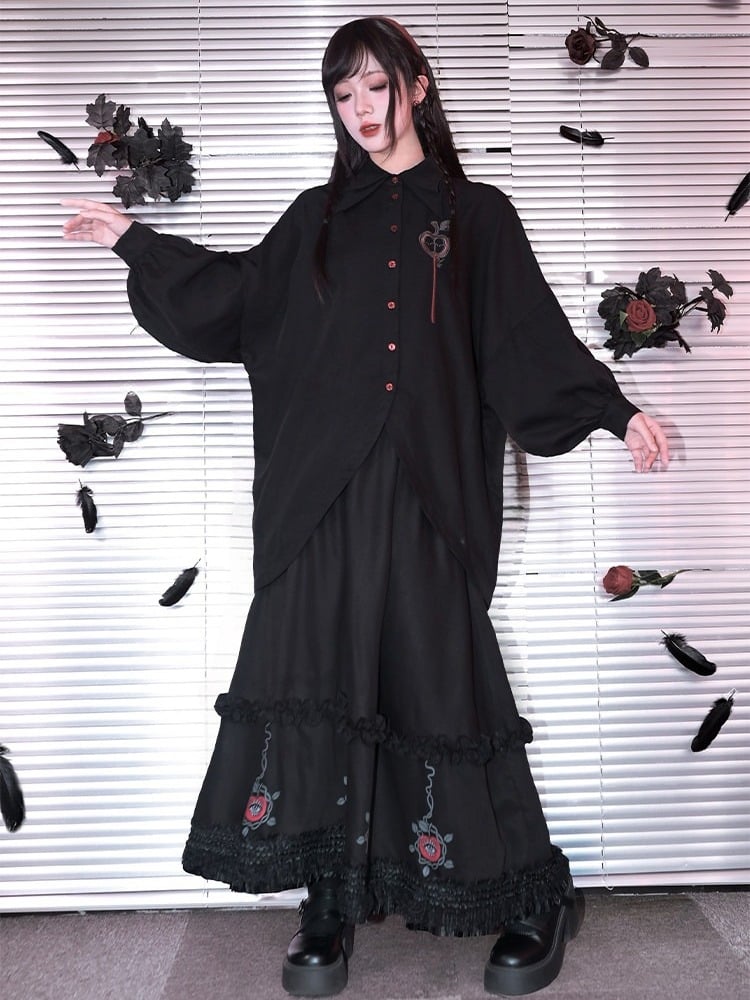 With Skirt Eden-inspired Trim Gothic Black Midi Print Lace