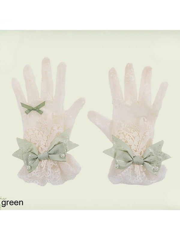 Lace Gloves with Bow Accents in Mint, White, Pink, or Green - Mademoiselle Pearl