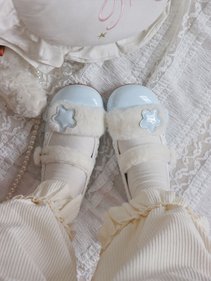 Polished Toe Detail Button Star Blue Snap Flats PU Lolita with Design Round