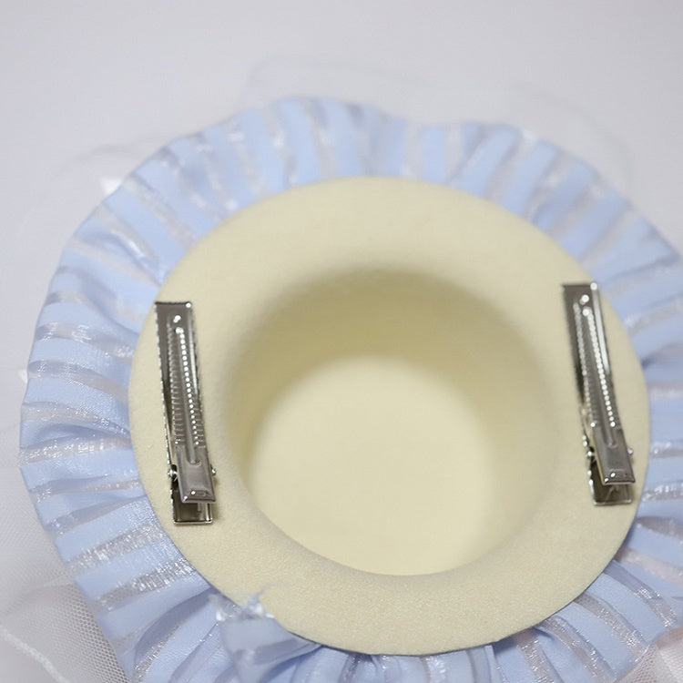 Blue Charm/Cat Lolita Hat and Mini White Ear with Flower Golden Trim Hairclips Lace Bell