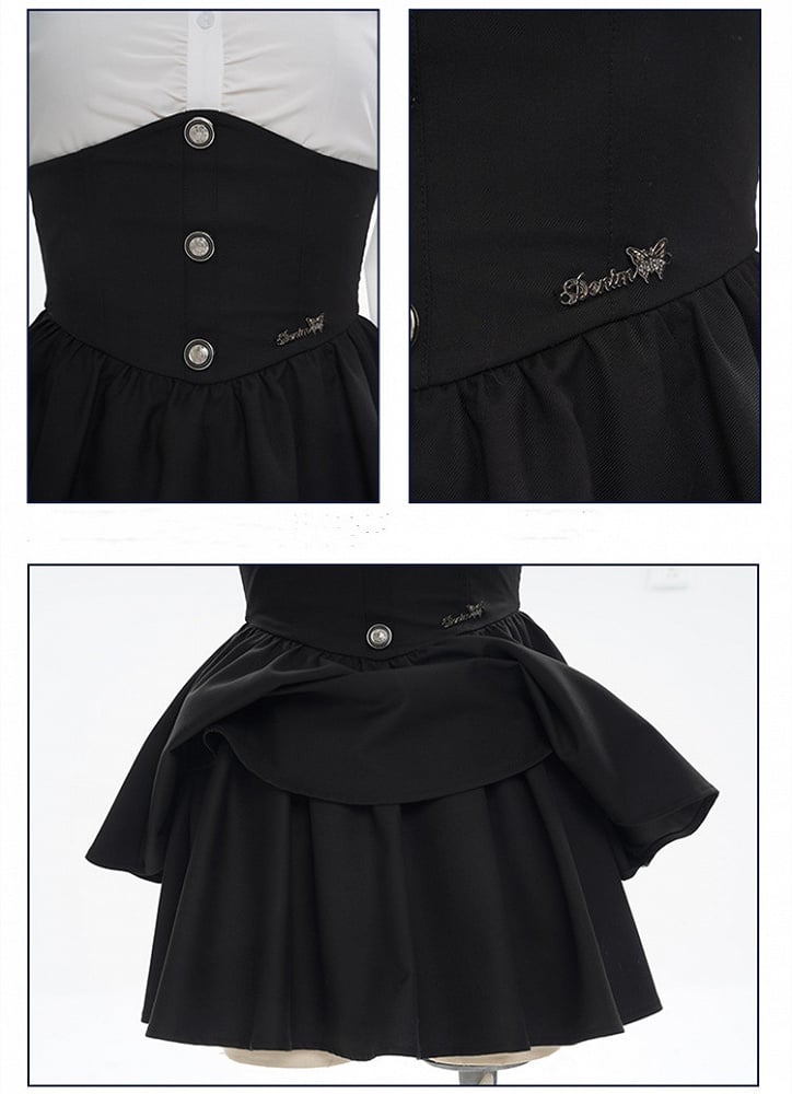 サスペンダースカート ホワイト ハイウエスト ブラック プレッピーセット - フルオーバーオール シャツ +