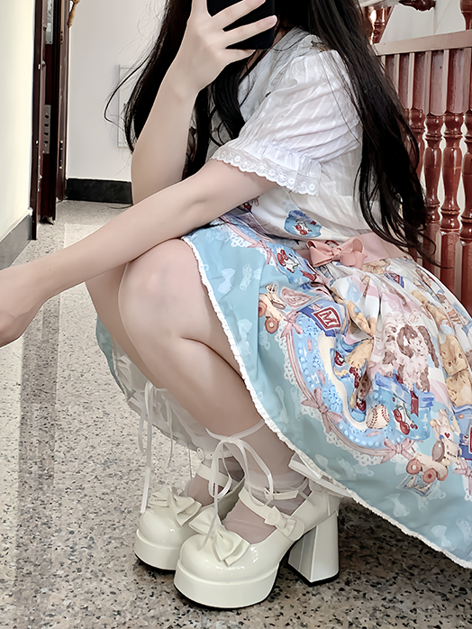 Weiße Lolita-Schuhe mit Schleife und Plateau und hohem Blockabsatz