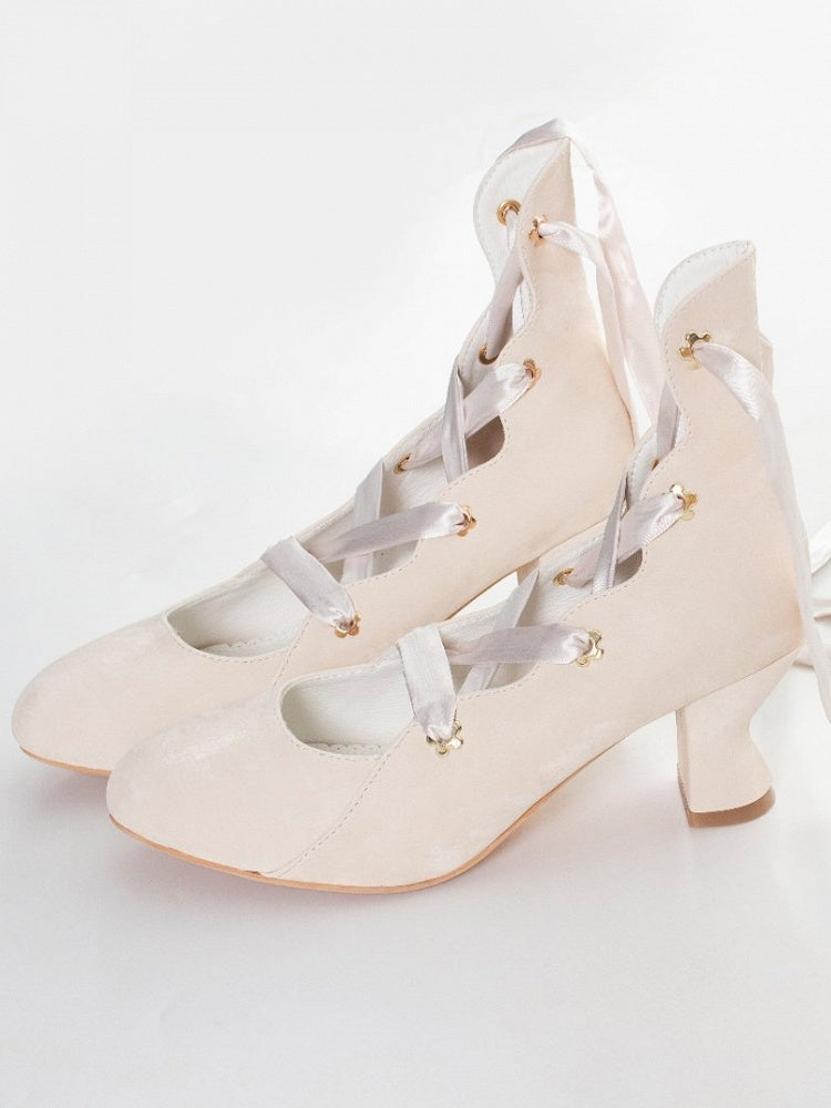 Toe Lacing Design Heels Velvet Delicate with Lolita Beige Graceful for Fashion Pointed -