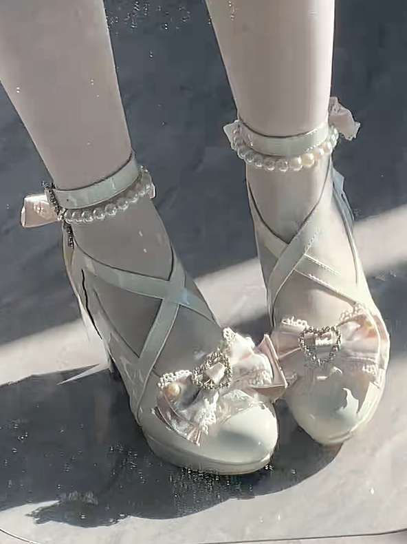 Hime Heart-shaped Design Lolita Snap Accents with Mary White Janes Rhinestone Bow