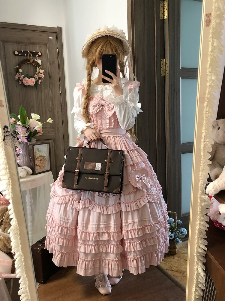 Sweet Multi-Layer Lolita Only JSK Dress Bow + Ruffle Hairband Pink / Detail Belt with