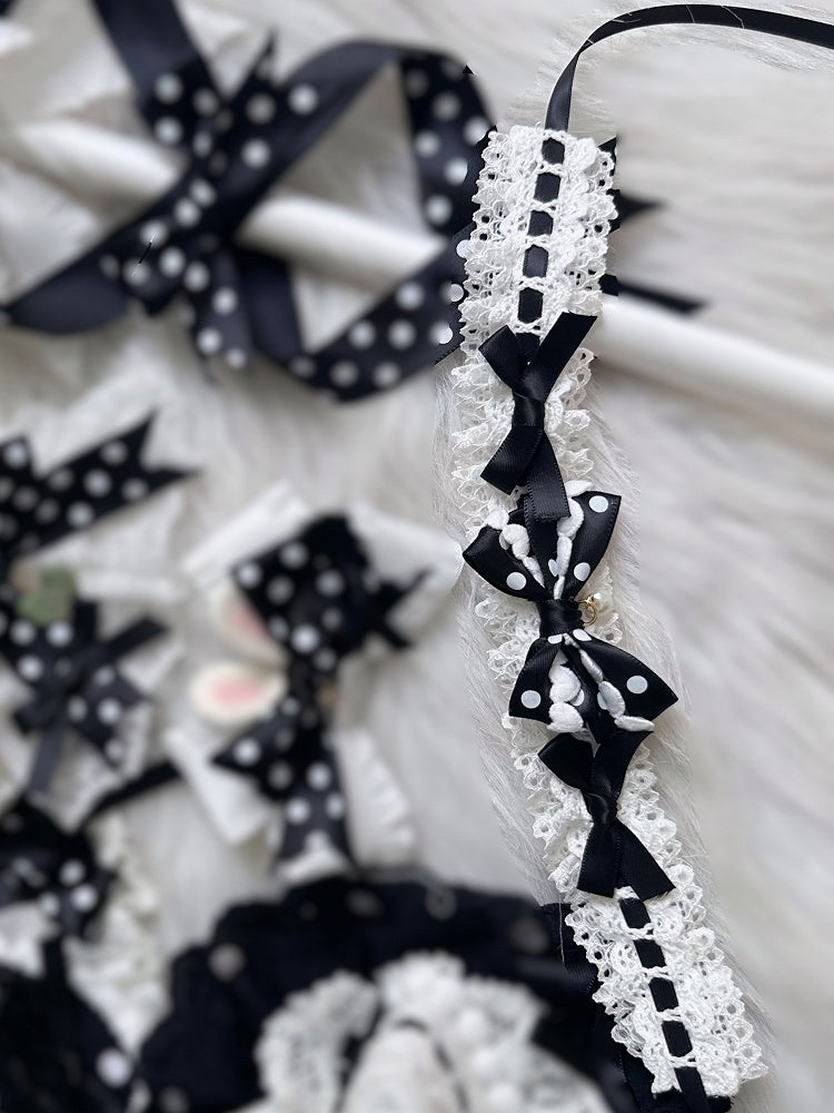 and Choker Black White Bow Polka-dot Lace Sweet Lolita
