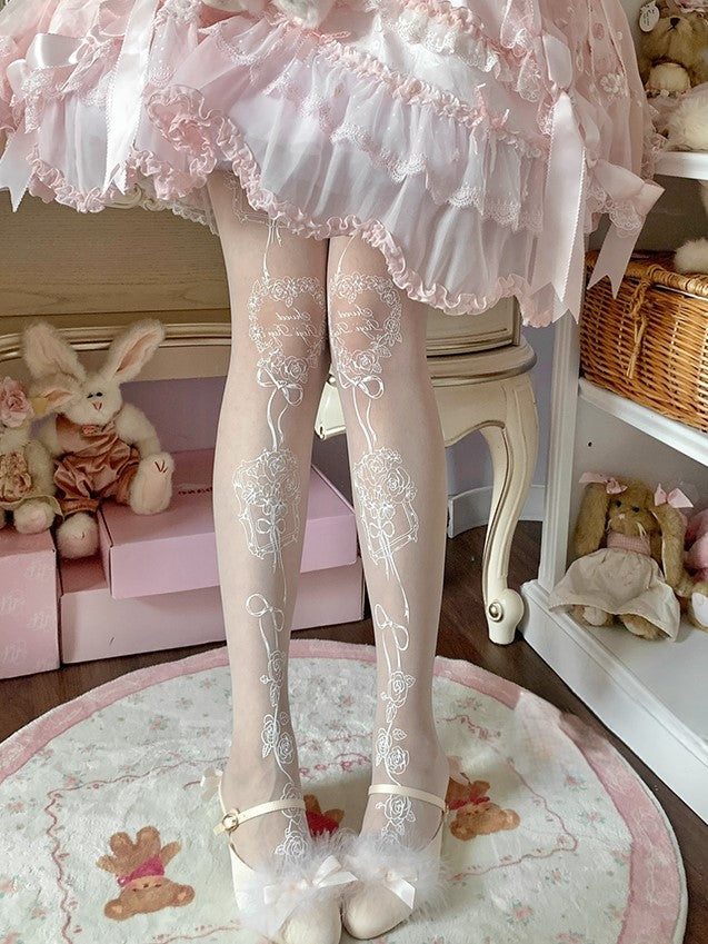 Print Lolita White Tights Rosette Sweet