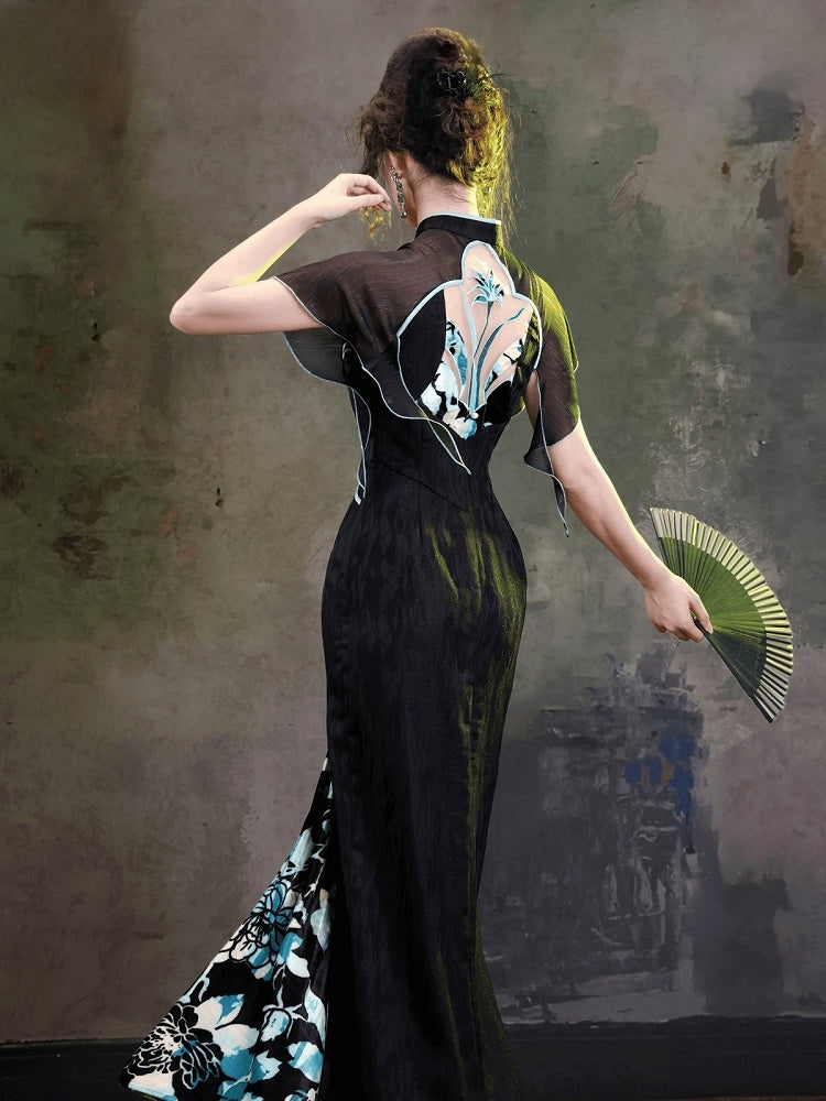 Cheongsam Style Side Slit Gown with Dark Floral Embroidery Back & Flutter Sleeves - sijinstudio