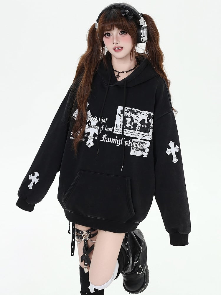 Schwarz/Weinroter Kapuzenpullover mit Kreuzen-Print