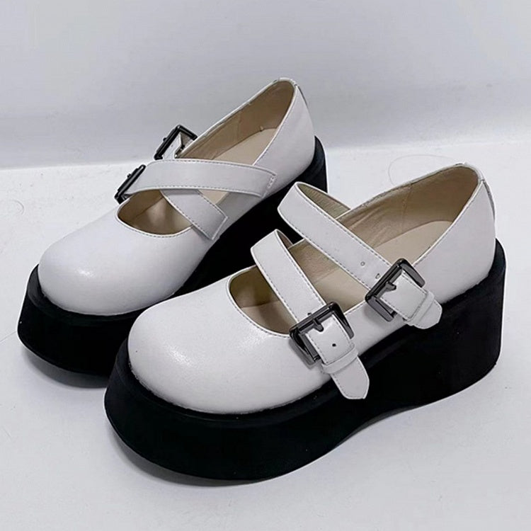 Sole Platform Double Mary Design - Janes White Buckle Black
