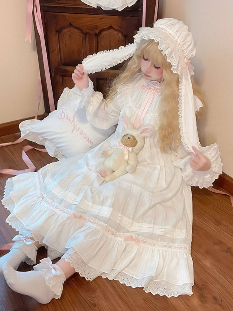 Sweet Pink & White Lace Lolita Hat with Rabbit Ears - Tan Tuan