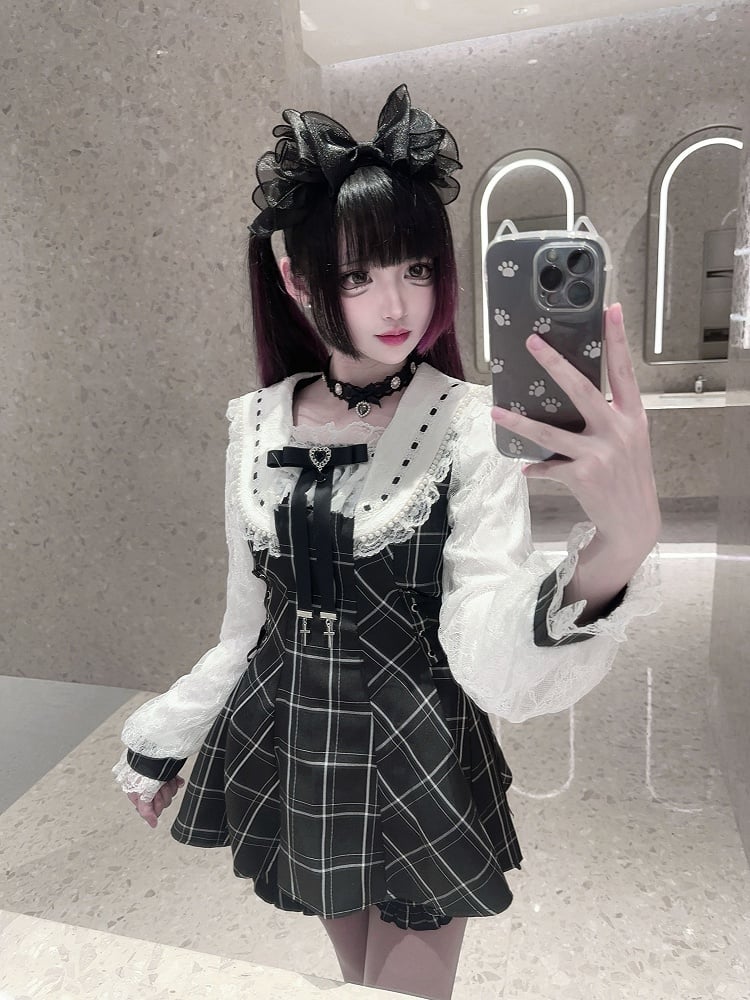 Kei Plaid Set: Matching Black Tie Jirai Shorts with Mini Dress Two-Piece Collar Beaded Waist / Side