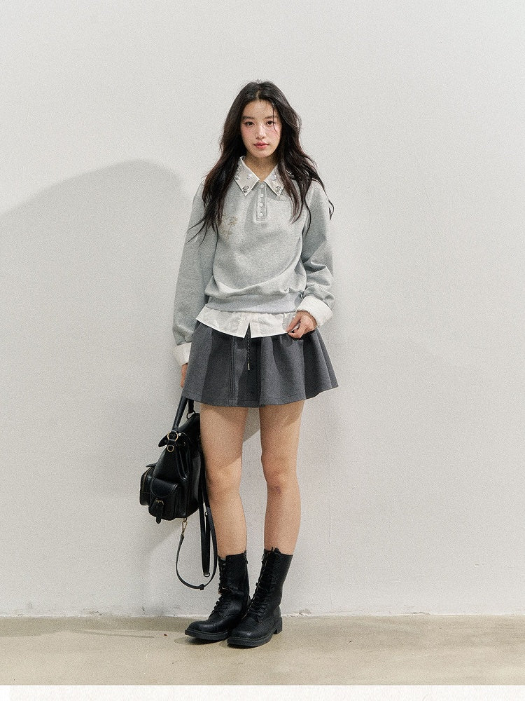 Shirt Embroidery Accents and Gray Faux Rose Rhinestone Two-piece with