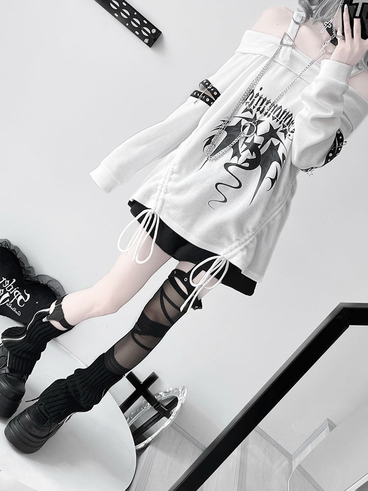 White Off-the-shoulder Neckline Drawstring Design Punk Top