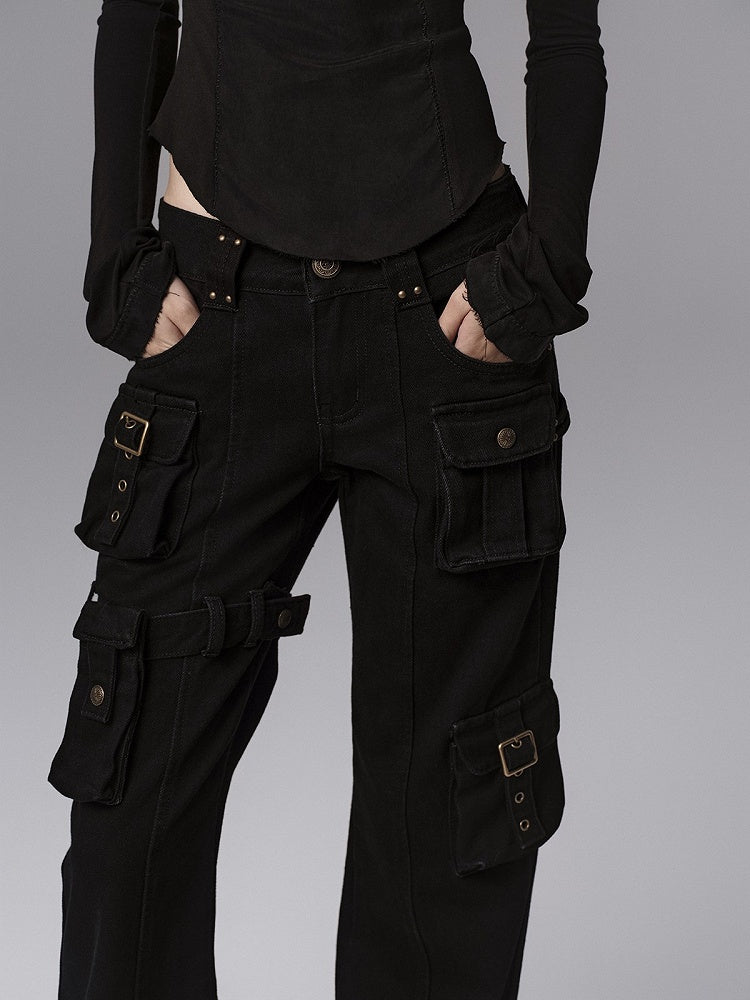 Pants - Vintage Silhouette Cargo Flare Pocket Detachable Black