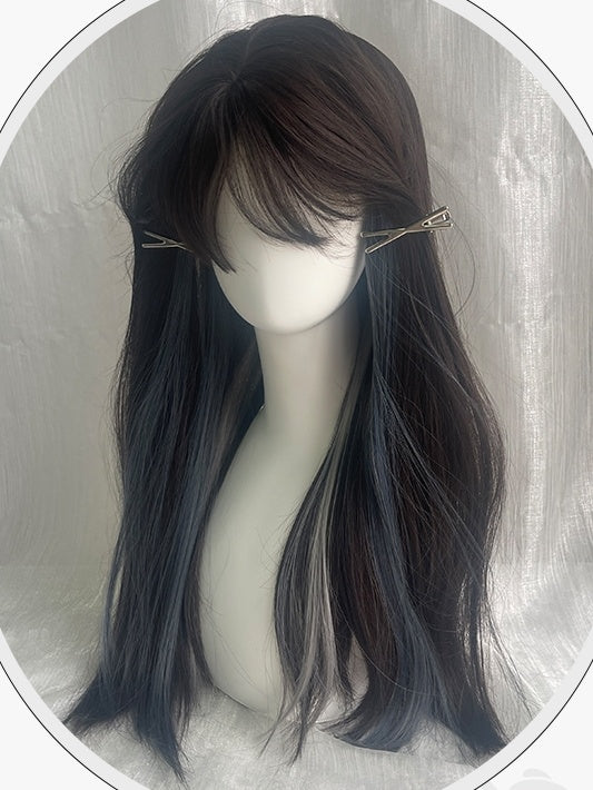 Graue und blaue Highlights, lange, glatte Kunsthaarperücke mit Pony