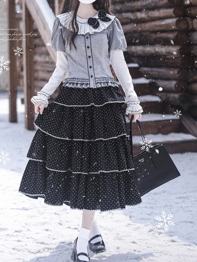 Tiered Dot Skirt Polka Tea Length Black