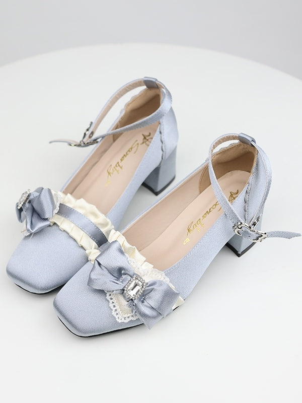 Elegant in Blue Janes Ruffle Loltia Toe Crystal Mary Bow Edging Mid-heel Satin with Square Embellished