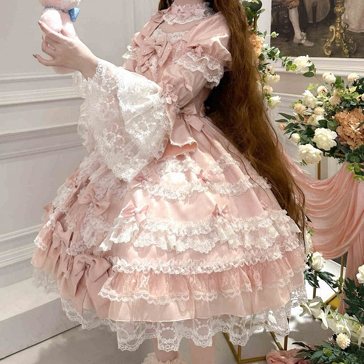 Kleid Sweet Lolita Rosa Akzente Hohe Abnehmbare mit Ärmeln Schleife Taille Prinzessin
