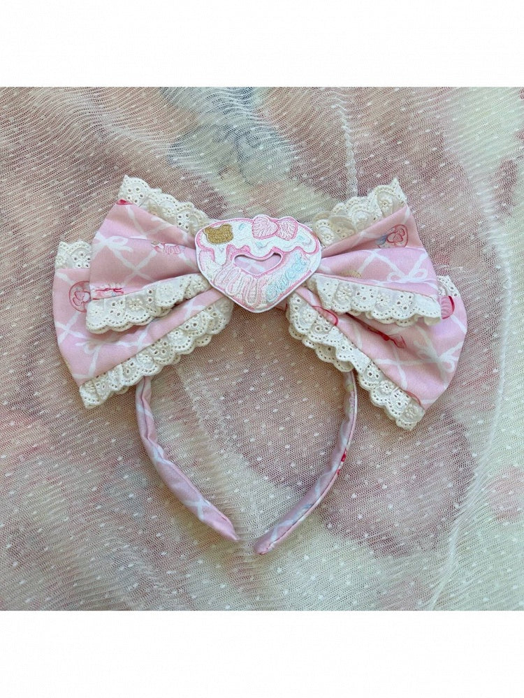 Lace-Adorned Strawberry Cat Motif Bow KC Hair Accessory - wawao good night bear