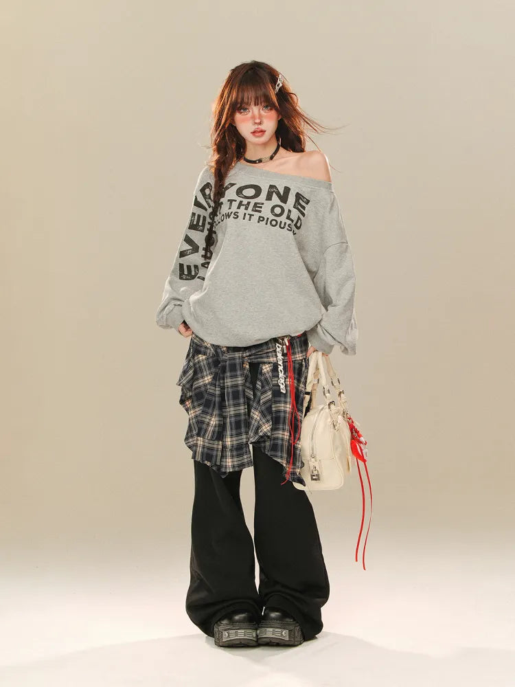 Schwarze karierte Hose mit weitem Bein und