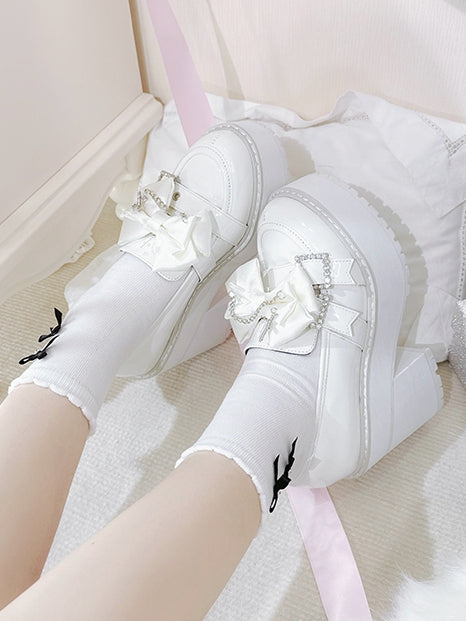 Cross Rhinestoned Kei White Chain Buckles Loafers Decorated Platform Bow Polished Jirai