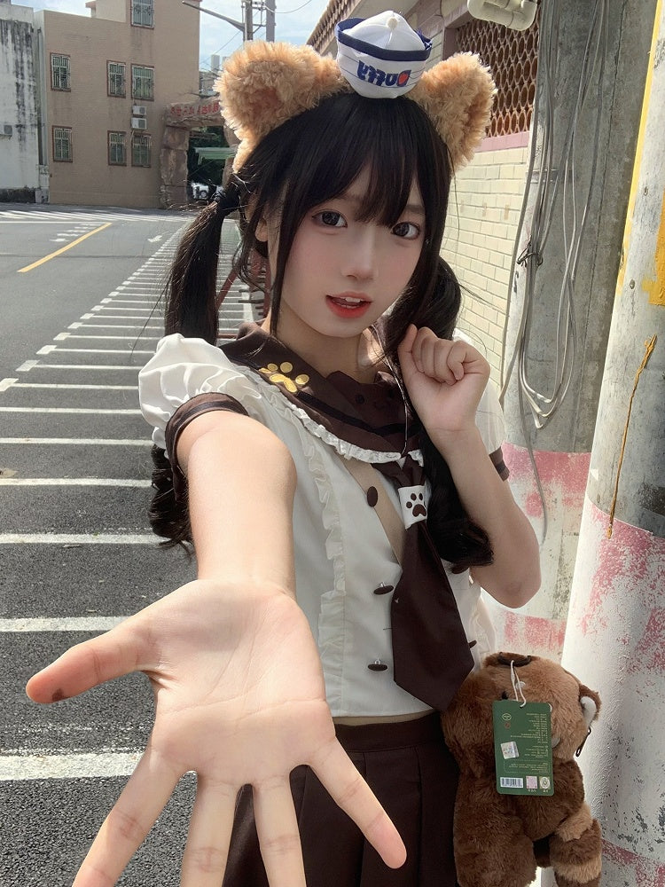 Brown Sleeve Blouse Collar Set Two-Piece - Short White with Sailor Neck Tie Lace-trimmed