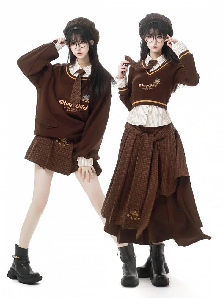 Coffee Plaid Asymmetrical Pleated Hem Skirt