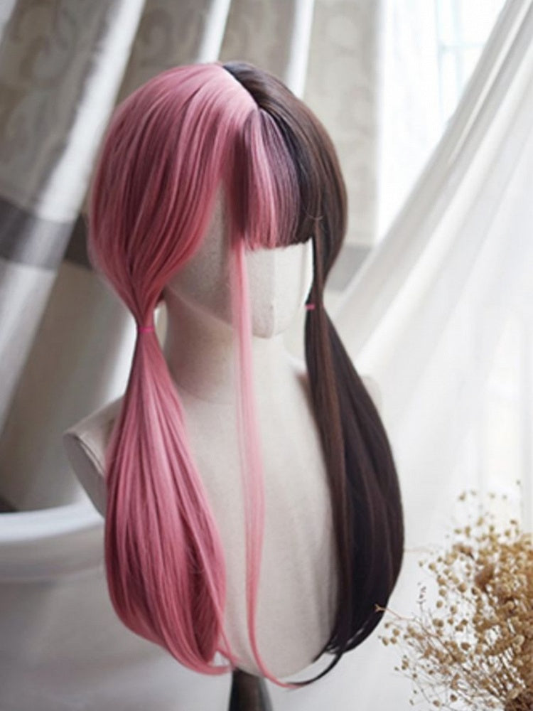 Pink&Black Split Color Waist Length Straight Wig With Full Bangs