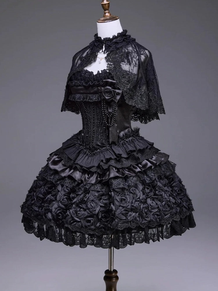 Black Elegant JSK Dress with Pearl and Floral Brooch - Airfreeing
