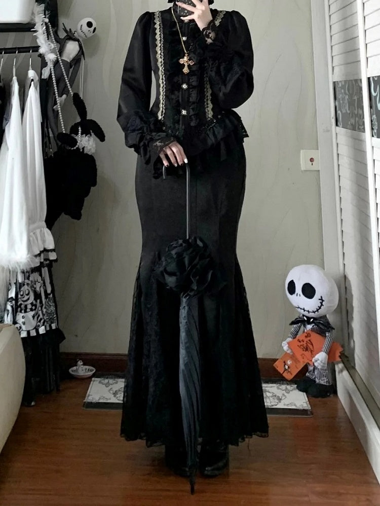 Sleeves Blouse + Ruffled Skirt Lolita Classic Details with Golden Lace Black Mermaid Long Set Elegant
