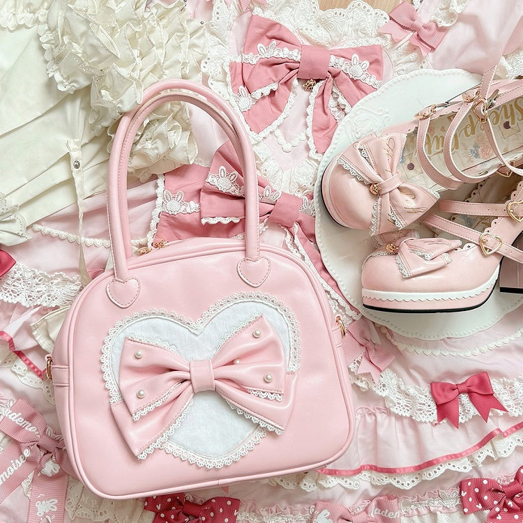 Beaded Decorated Bowknot Hand Plush Bag Pink Sweet Lolita Heart
