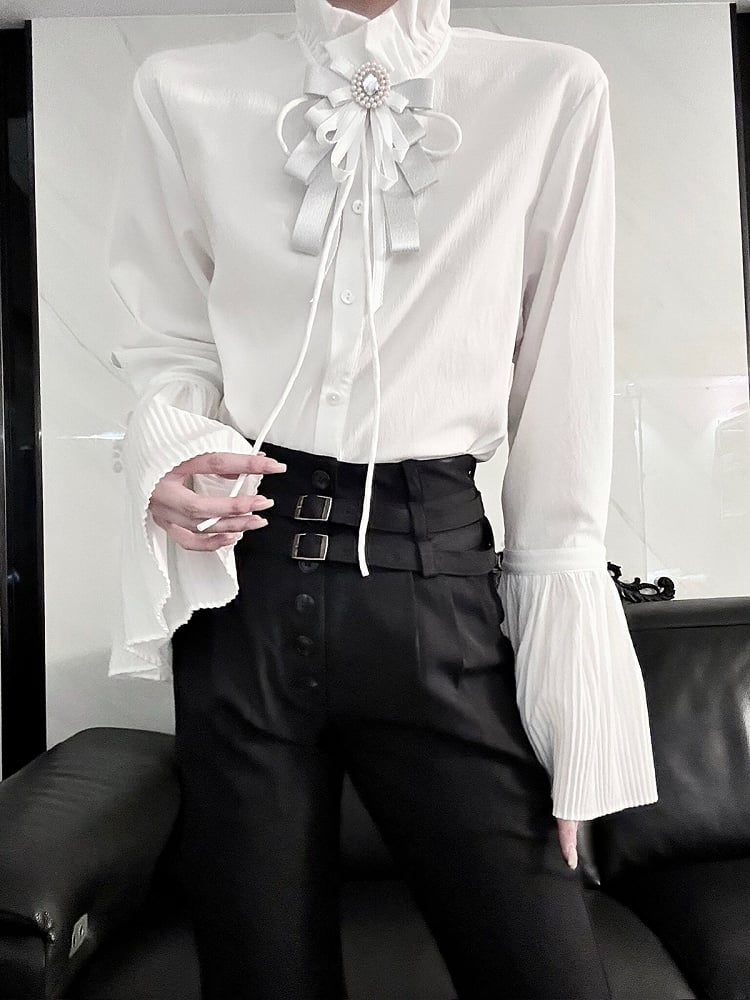 White Prince Style Bell Sleeves Classic Long Sleeve Elegant Shirt with Brooch - Aont