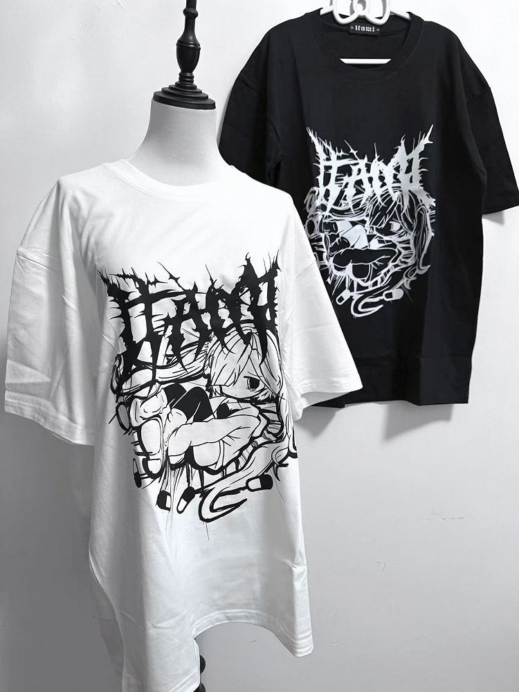 Print T-shirt Kei Girl Jirai Black And Letter Neck Round Cartoon