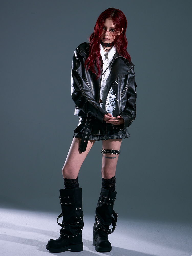 - Jacket Design Punk Distressed Print Letter PU