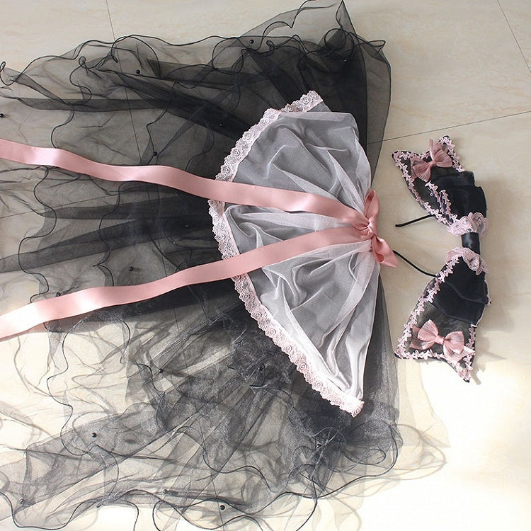 Black And Pink Bowknot Lace Trim KC With Veil