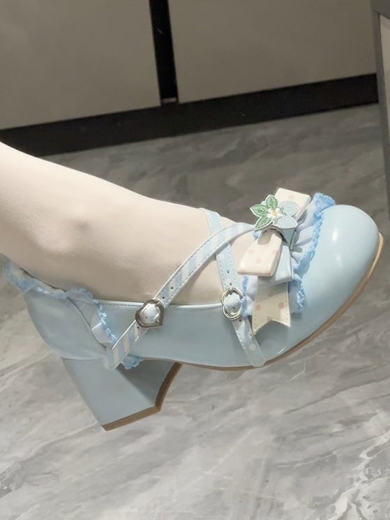 with Sweet PU Top Round in Mid Blue Heels Toe Lolita Bow at